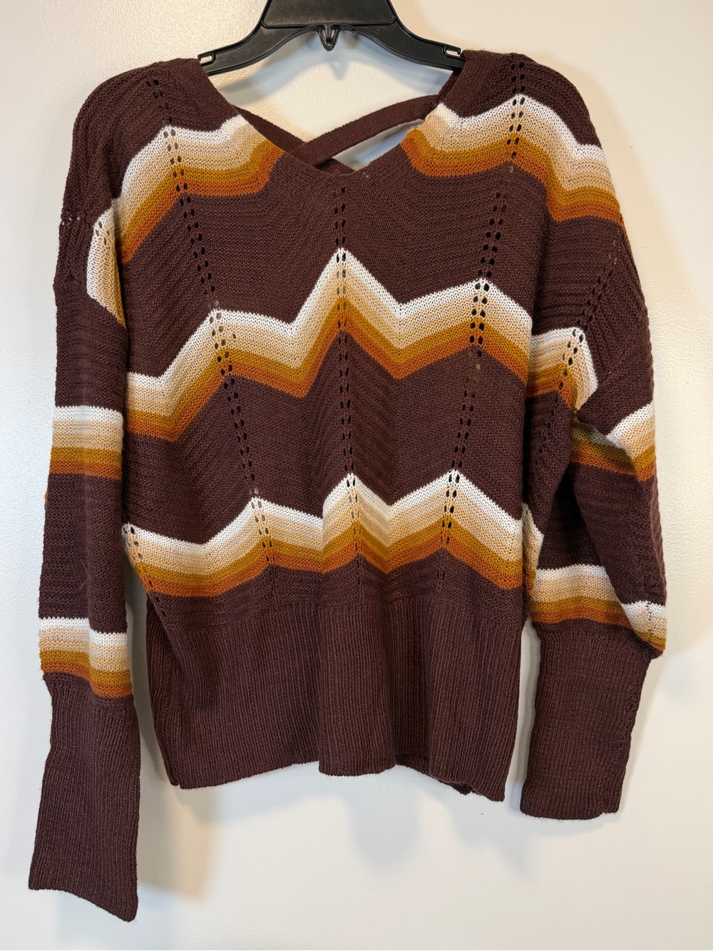 FCT With Love Brown Chevron Knit‎ Sweater  White and Mustard Stripes Women’s XL